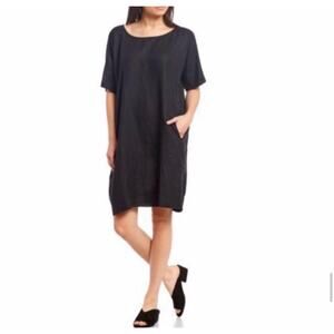 Eileen Fisher Linen Shift Dress Charcoal Black Short Sleeve Pockets Minimalist